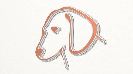 DOG from a perspective on the wall. A thick sculpture made of metallic materials of 3D rendering. animal and cute