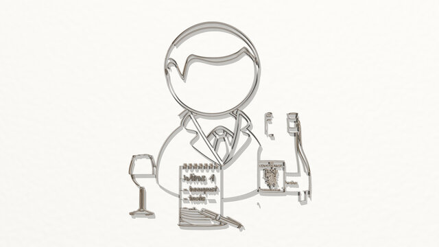 BARTENDER on the wall. 3D illustration of metallic sculpture over a white background with mild texture. cocktail and alcohol