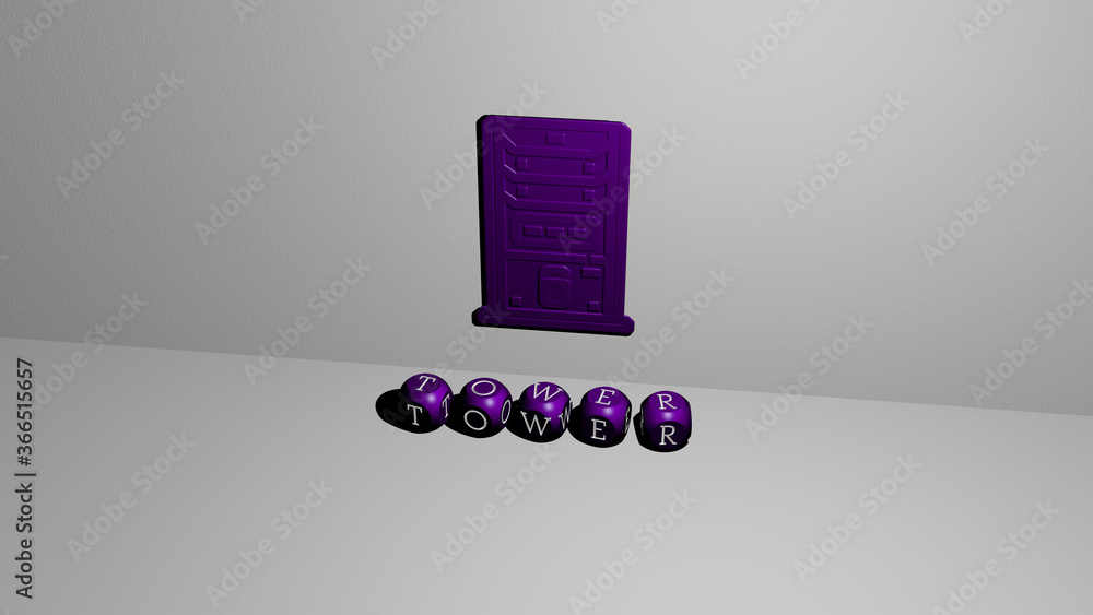 Poster 3d graphical image of tower vertically along with text built by metallic cubic letters from the top 