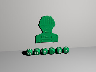 3D illustration of WORKER graphics and text made by metallic dice letters for the related meanings of the concept and presentations. business and construction