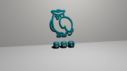 3D graphical image of OWL vertically along with text built by metallic cubic letters from the top perspective, excellent for the concept presentation and slideshows. illustration and bird