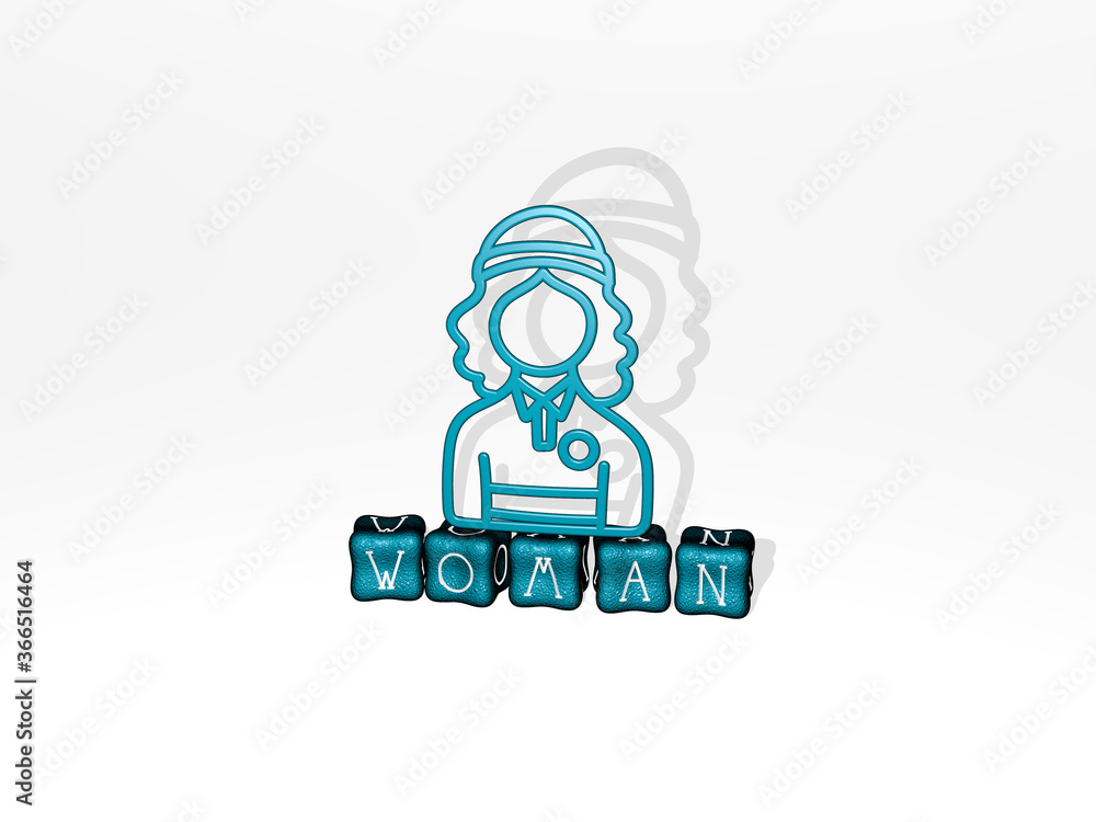Aufkleber 3d representation of woman with icon on the wall and text arranged by metallic cubic letters on a mi