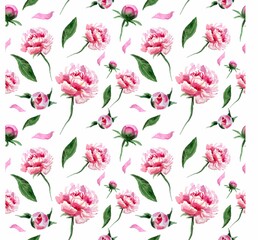 geometric seamless pattern pink peonies watercolor illustration
