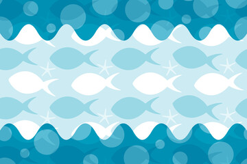 波模様の背景　長方形　魚＆バブル