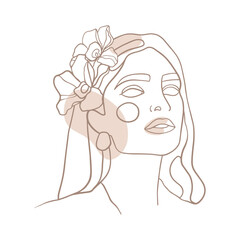 The face of a woman with a beautiful hairstyle, flowers in her hair, accessories. Fashion illustration, portrait in a modern minimalist style. Simple line drawing. Vector illustration, logo, postcard.