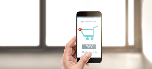 Hand holding smartphone device and touching screen, Online shopping SME entrepreneur. Buy and sell online, Mobile payment with wallet app