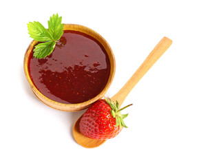 Bowl of tasty strawberry jam on white background