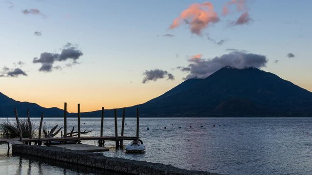 Timelapse of the sunrise over Atitlan lake and Atitlan volcano viewed from Panajachel