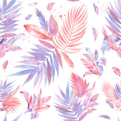 Palm leaves. Watercolor painting, digital paper. Pink tropical leavesSeamless patterns