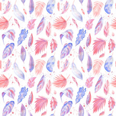 Trendy Seamless patterns from Palm Leaves. Watercolor painting. Pink and purple