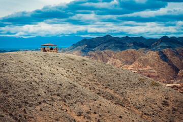 A lonely gazebo on a hilltop in the Grand Canyon of Kazakhstan.