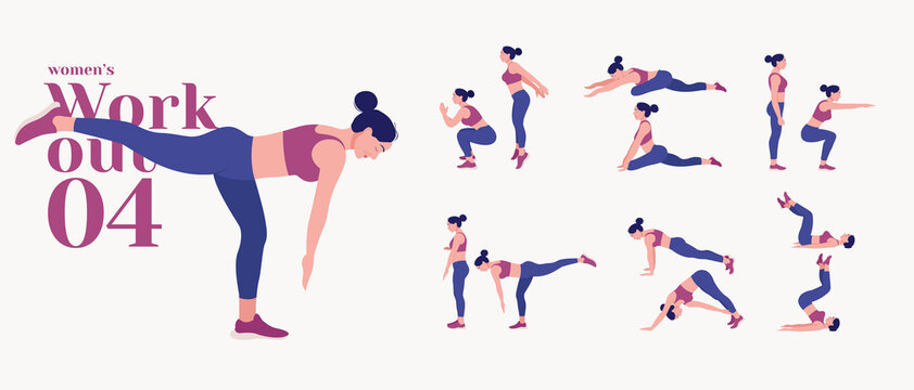 Women Mini Band-Workout Set. Women doing fitness and yoga exercises.  Lunges, Pushups, Squats, Dumbbell rows, Burpees, Side planks, Sit ups,  Glute bridge, Leg Raise, Russian Twist, Side Crunch .etc Stock Vector