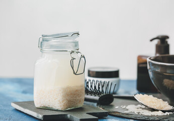 Jar of rice water on table