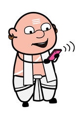 Cartoon South Indian Pandit Watching Smartphone