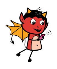 Cartoon Devil Watching Smartphone