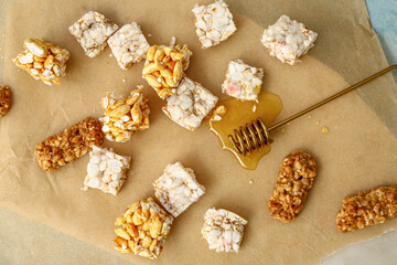 Crispy rice bars with honey on parchment