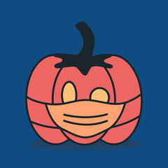 Cute cartoon pumpkin in medical protective masks halloween covid-19 concept coronavirus pandemic vector illustration 