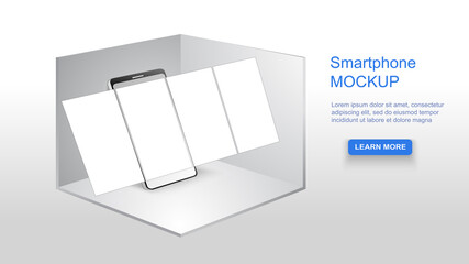 Realistic smartphone mockup in the corner of a white room with carousel interface post on social network. Minimal design. Stories frame. Vector 3d © GavrBY