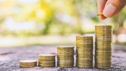 investor business man hand putting money on coins row stack on wood table with blur nature park background. money saving concept for financial banking and accounting.