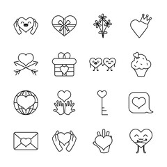 gift box and hearts icon set, line style