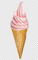 Strawberry  whipped soft ice cream or frozen custard in cone on isolated background. Including clipping path.	