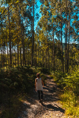 Obraz premium A young woman strolling along the path between trees in the Listorreta Natural Park in the town of Errenteria in the park of the Peñas de Aya or Aiako Harria park. Gipuzkoa, Basque Country. In summer