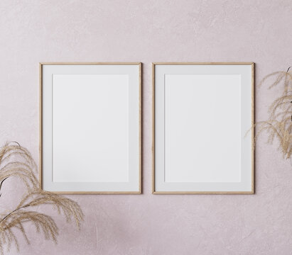 two wooden vertical frame mock up on pink background