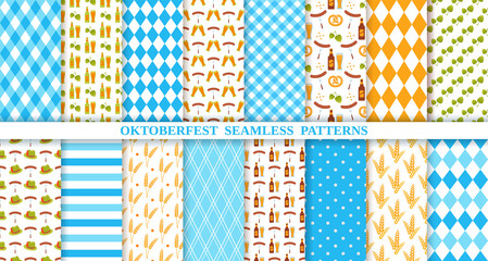 Oktoberfest seamless pattern. Octoberfest background. Vector. Prints with rhombus, beer, pretzel, sausage, hop, hat, stripe. Bavarian diamond texture. Blue illustration. Germany traditional wallpaper.