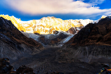 Morning view of Mount Annapurna I from Annapurna base camp, round Annapurna circuit trekking trail, Nepal