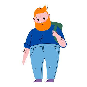 Vector isolated flat illustration with good friendly smiling redhead fatty hipster man with beard and backpack 