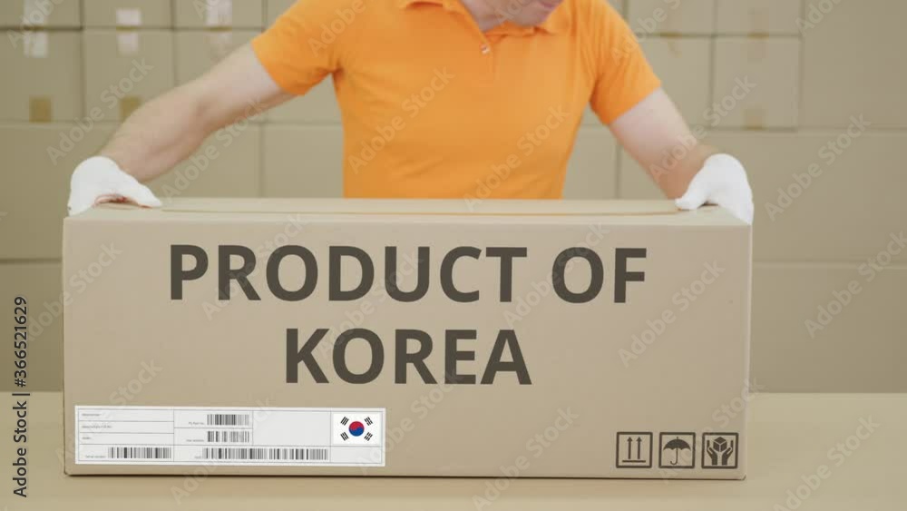 Poster warehouse worker and big box with product of korea printed text