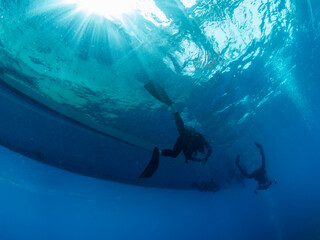 Divers approaching the boat under the water. Clear blue waters and beams of sun, Philippines