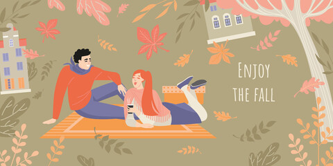Enjoy the fall. Vector banner inviting to a picnic in the autumn garden with a young couple relaxing and drinking coffee.