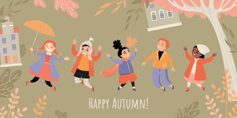 Fototapeta na wymiar Happy autumn banner with images of cute children having fun on the background of the autumn garden.