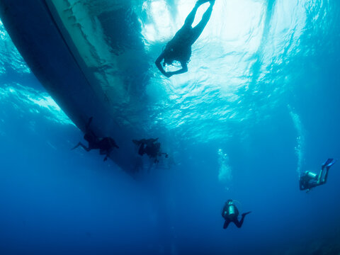 Divers approaching the boat under the water. Clear blue waters, Philippines