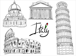 Minimalistic line-art landmark icons of the Italy architecture. Big set of tourist attractions