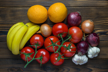 fruits and vegetables on wooden table