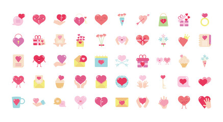 hearts and love icon set, flat style