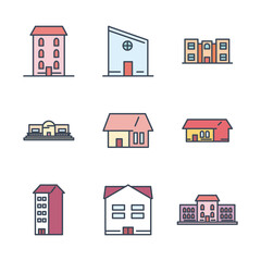 city buildings line and fill style icon set vector design
