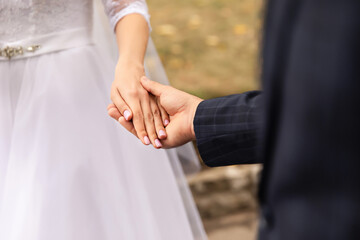 Wedding couple, bride and groom holding hands, beautiful wedding day