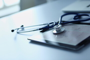 Medical equipment: blue stethoscope and tablet on white background. Medical equipment