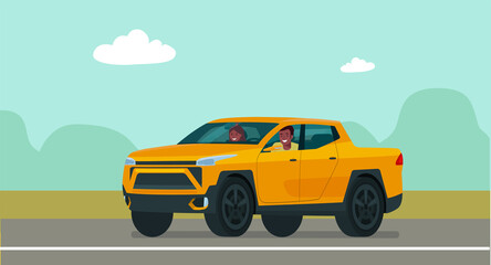Fototapeta na wymiar Pickup truck car with a afro american man and woman driving on a background. Vector flat style illustration.