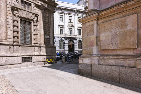 View from the Saint Fedele Square at historical buildings of city of Milan, Italy.