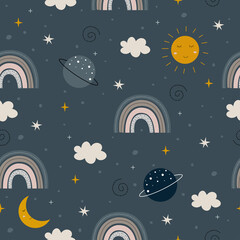 Starry sky and rainbow background Repeat seamless pattern hand drawn cartoon style vector illustration.