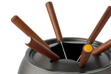 Metal cookware for fondue preparation on white