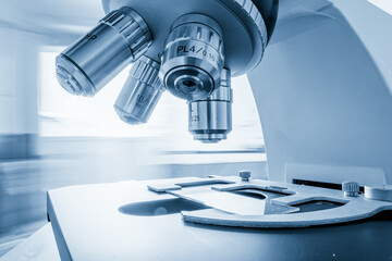 Fototapeta na wymiar laboratory, microscope for chemistry biology test samples, examining liquid and medical equipment