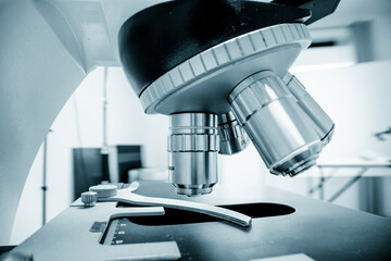 laboratory, microscope for chemistry biology test samples, examining liquid and medical equipment