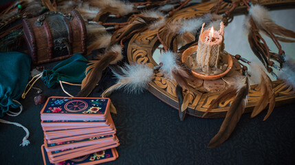 Tarot cards, Concept of fortune telling and predictions, magical rituals and wicca elements on a...