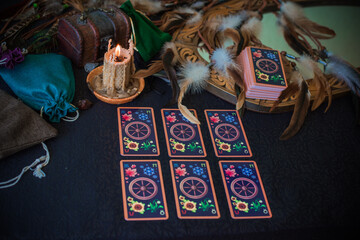 Tarot cards, Concept of fortune telling and predictions, magical rituals and wicca elements on a...