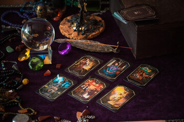 Tarot cards, Concept of fortune telling and predictions, magical rituals and wicca elements on a...